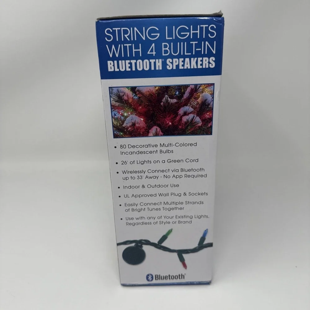 Bright Tunes String Lights with 4 Bluetooth Speakers 26 Foot Cord 80 Lights NEW